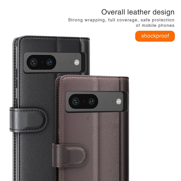 For Google Pixel 7 5G Phone Cases Genuine Split Leather Wallet Mobile Cover Stand - Black - 5