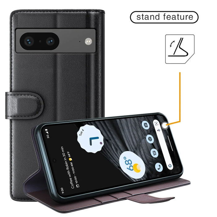 For Google Pixel 7 5G Phone Cases Genuine Split Leather Wallet Mobile Cover Stand - Black - 6