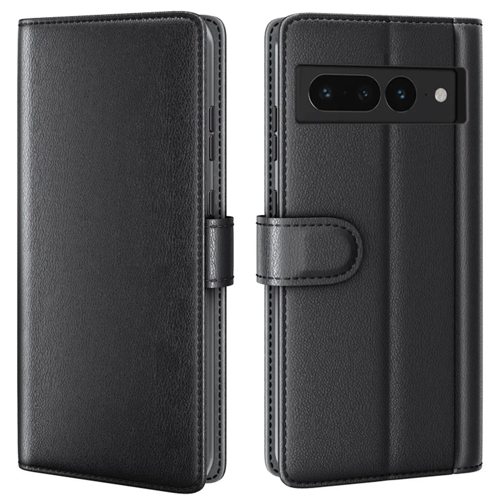For Google Pixel 7 Pro 5G Phone Cases Genuine Split Leather Wallet Mobile Cover Stand - Black - 1