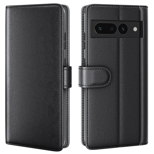 For Google Pixel 7 Pro 5G Phone Cases Genuine Split Leather Wallet Mobile Cover Stand - Black - 1