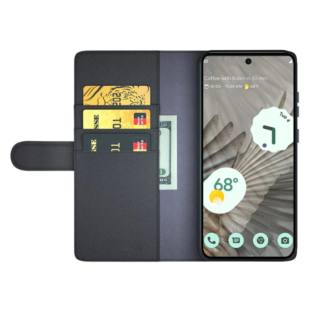 For Google Pixel 7 Pro 5G Phone Cases Genuine Split Leather Wallet Mobile Cover Stand - Black - 2