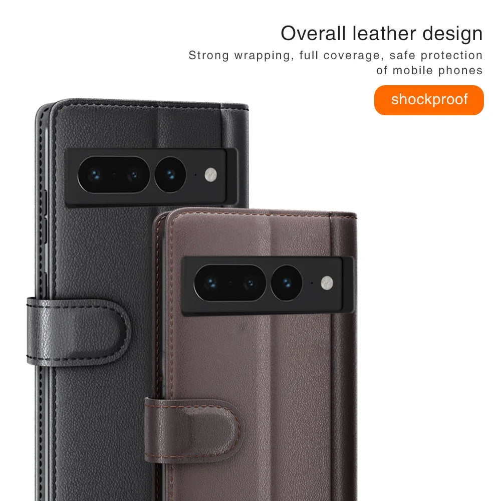 For Google Pixel 7 Pro 5G Phone Cases Genuine Split Leather Wallet Mobile Cover Stand - Black - 5