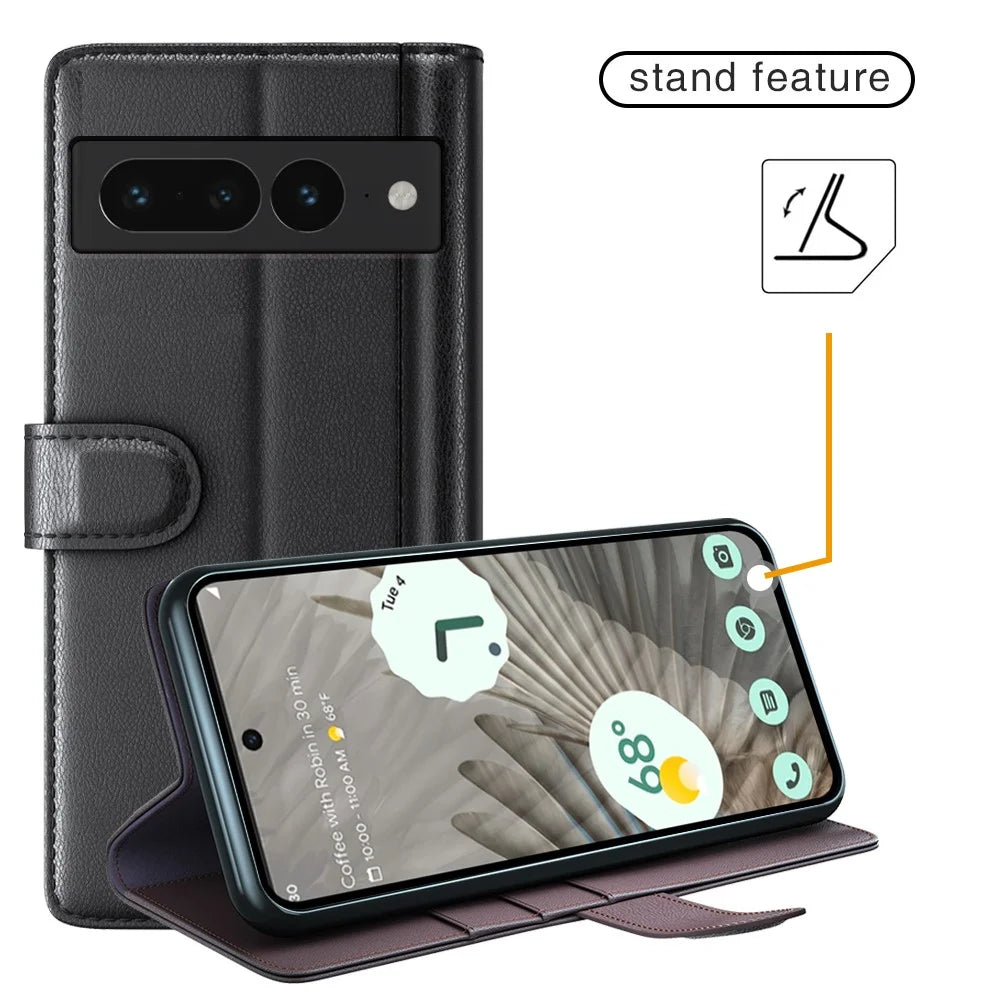 For Google Pixel 7 Pro 5G Phone Cases Genuine Split Leather Wallet Mobile Cover Stand - Black - 6