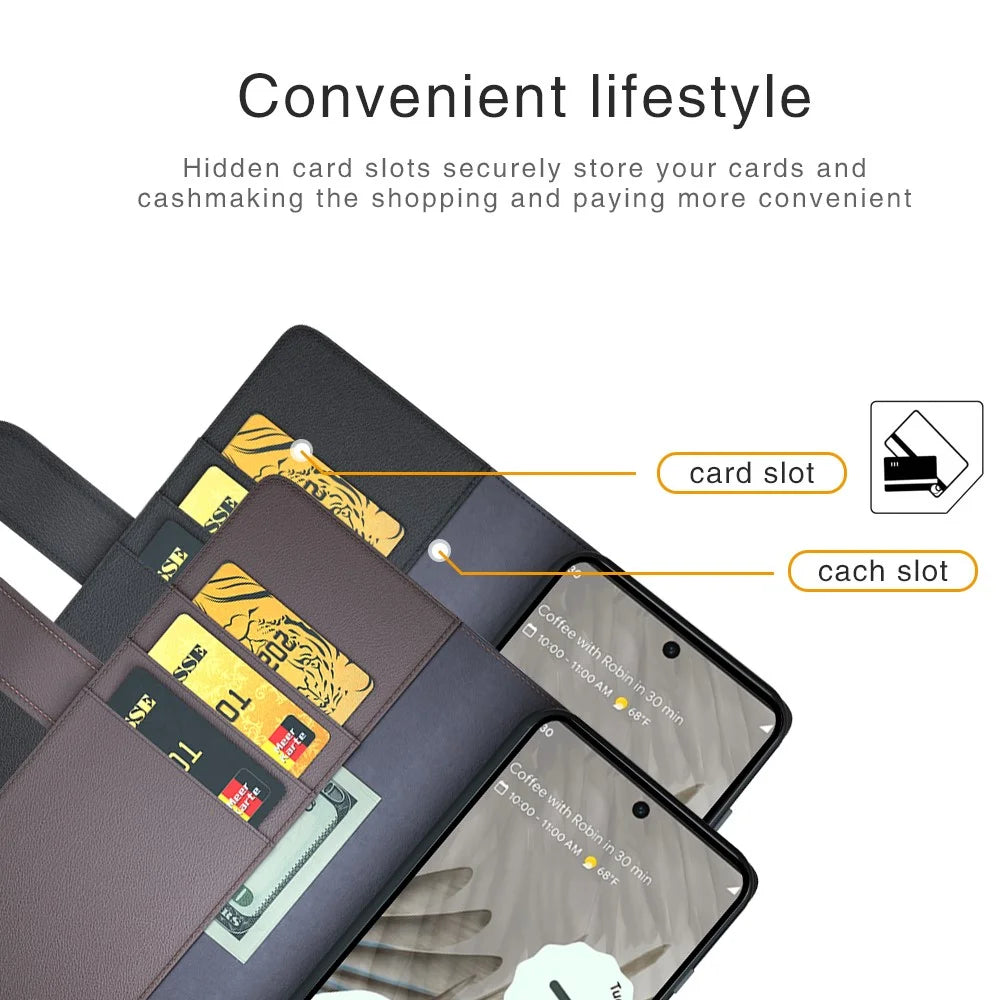 For Google Pixel 7 Pro 5G Phone Cases Genuine Split Leather Wallet Mobile Cover Stand - Black - 7