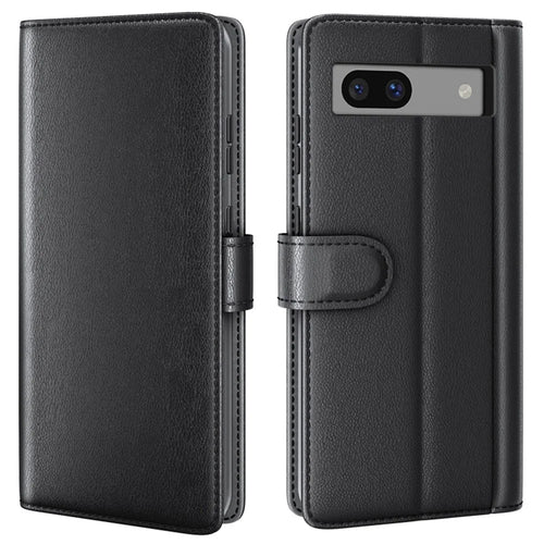 For Google Pixel 7a Phone Cases Genuine Split Leather Wallet Mobile Cover Stand - Black - 1