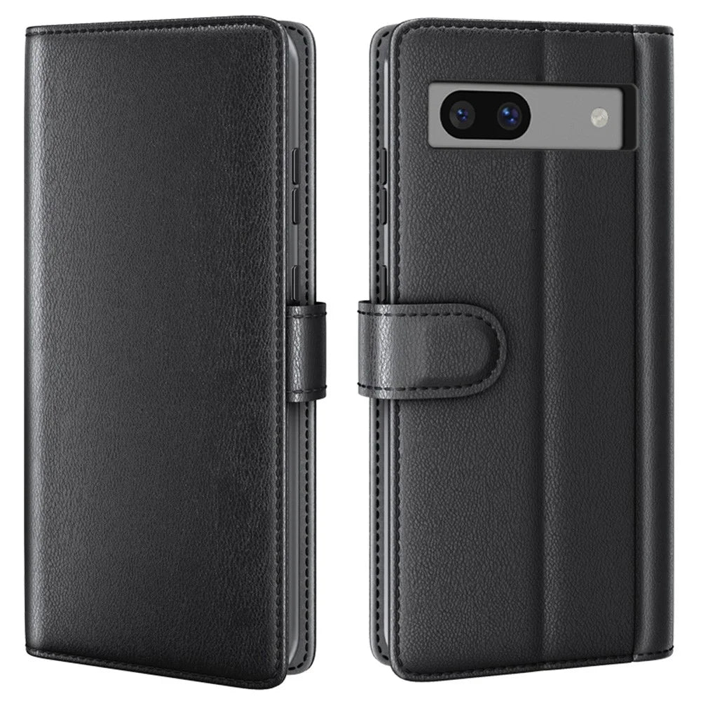For Google Pixel 7a Phone Cases Genuine Split Leather Wallet Mobile Cover Stand - Black - 1