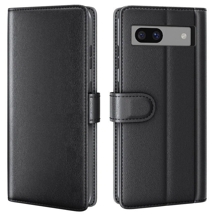 For Google Pixel 7a Phone Cases Genuine Split Leather Wallet Mobile Cover Stand - Black - 1
