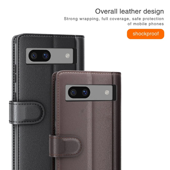 For Google Pixel 7a Phone Cases Genuine Split Leather Wallet Mobile Cover Stand - Black - 5