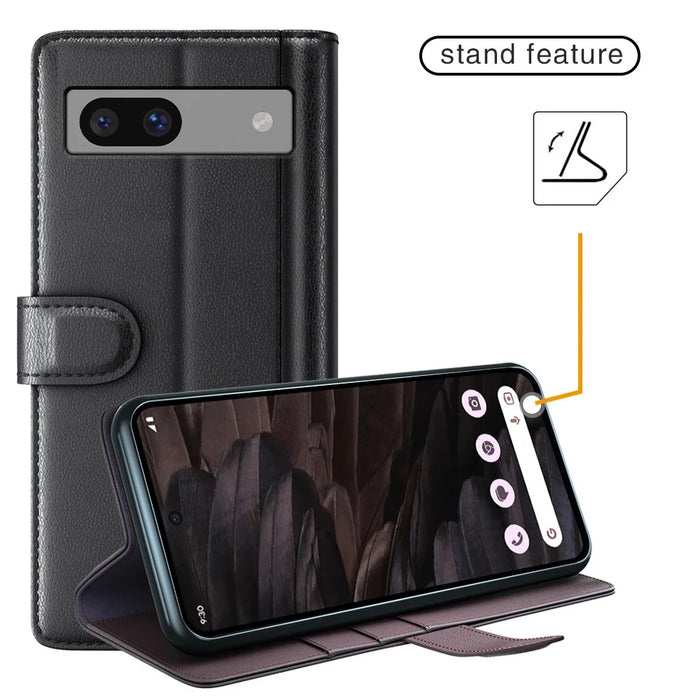 For Google Pixel 7a Phone Cases Genuine Split Leather Wallet Mobile Cover Stand - Black - 6