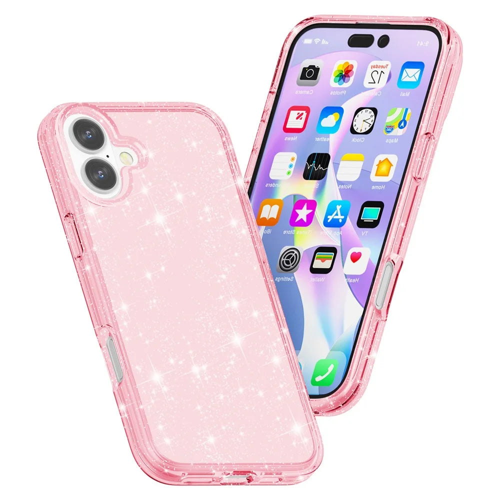 For iPhone 16 Case Sparkly Glitter TPU Frame PC Back Hybrid Phone Cover - Pink - 4
