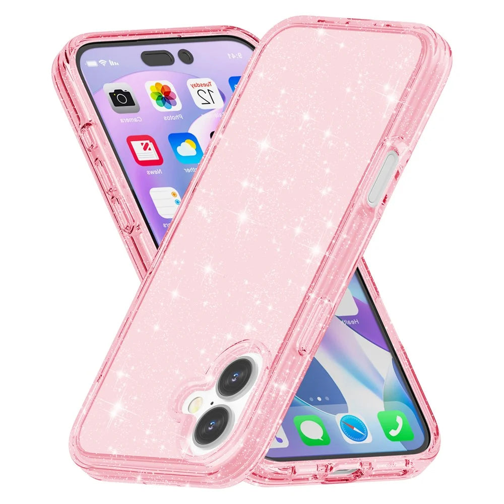 For iPhone 16 Case Sparkly Glitter TPU Frame PC Back Hybrid Phone Cover - Pink - 5