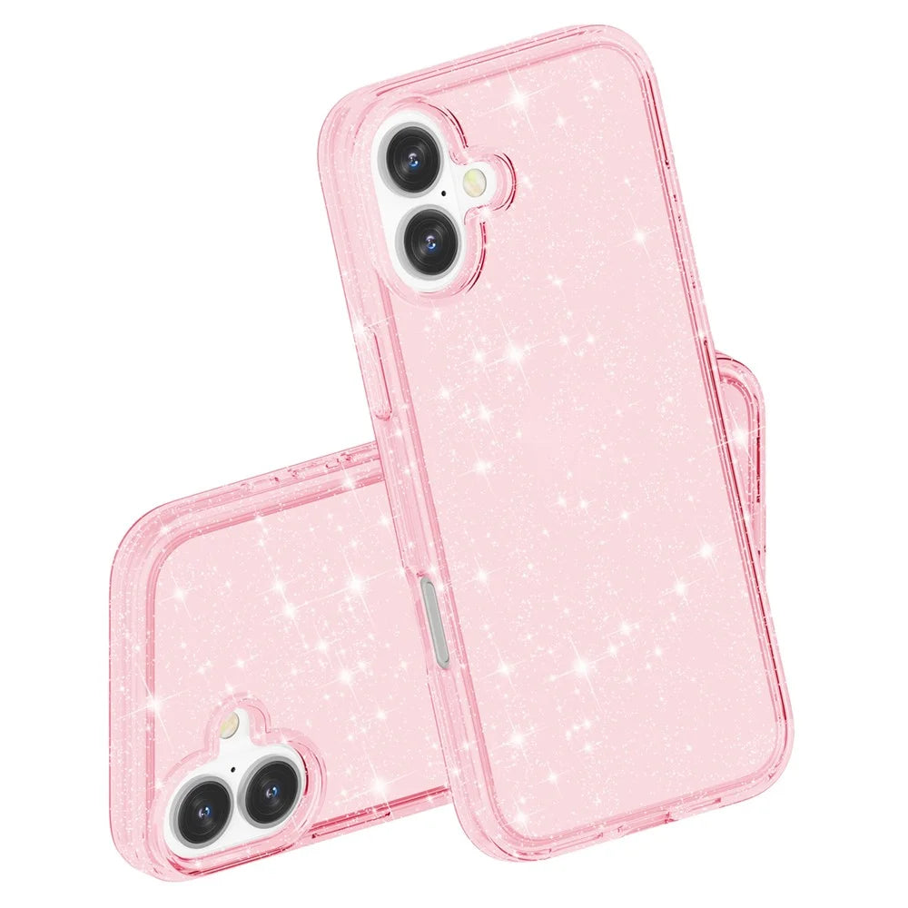 For iPhone 16 Case Sparkly Glitter TPU Frame PC Back Hybrid Phone Cover - Pink - 7