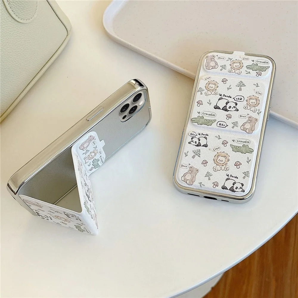 For iPhone 15 Pro Case Cute Pattern Kickstand Leather+TPU Electroplating Phone Cover - Graffiti Animals - 7