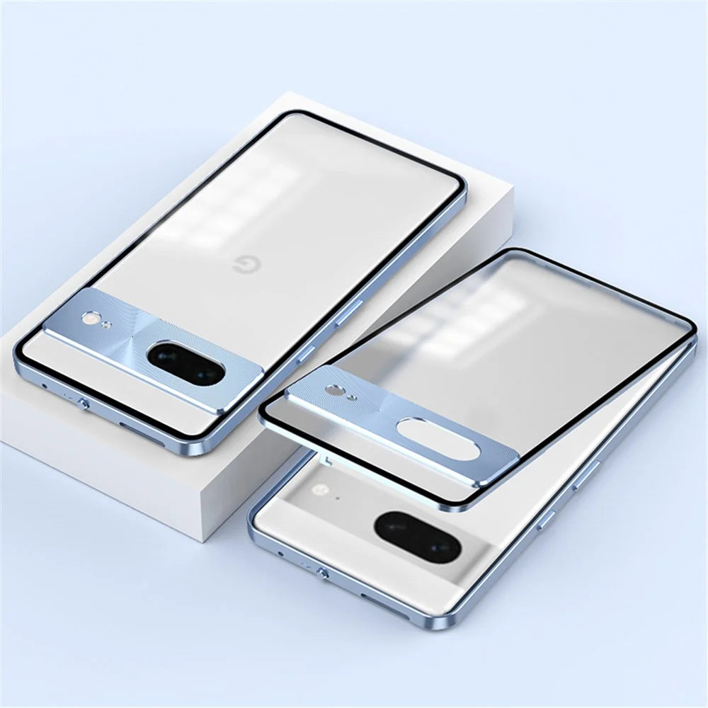 For Google Pixel 7 5G Case Aluminium Alloy Frame Matte PC Cover with Pop-Up Snap Lock - Blue - 1