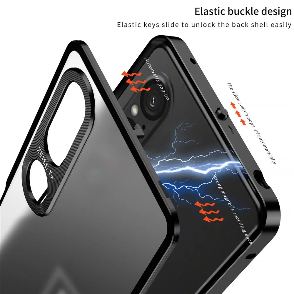 For Sony Xperia 1 V Matte Case Aluminium Alloy+PC Phone Cover with Pop-Up Snap Lock - Black - 3