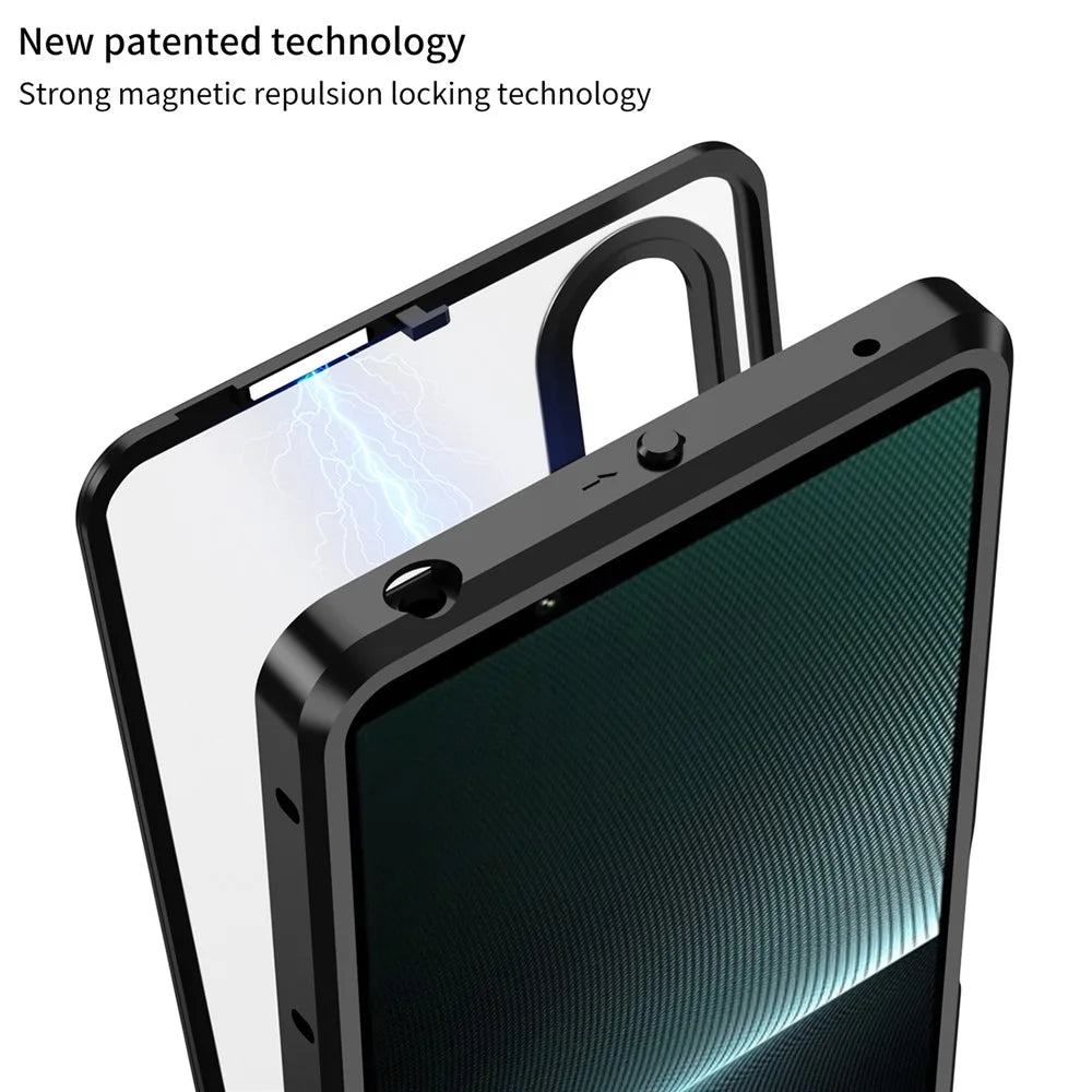 For Sony Xperia 1 V Matte Case Aluminium Alloy+PC Phone Cover with Pop-Up Snap Lock - Black - 4
