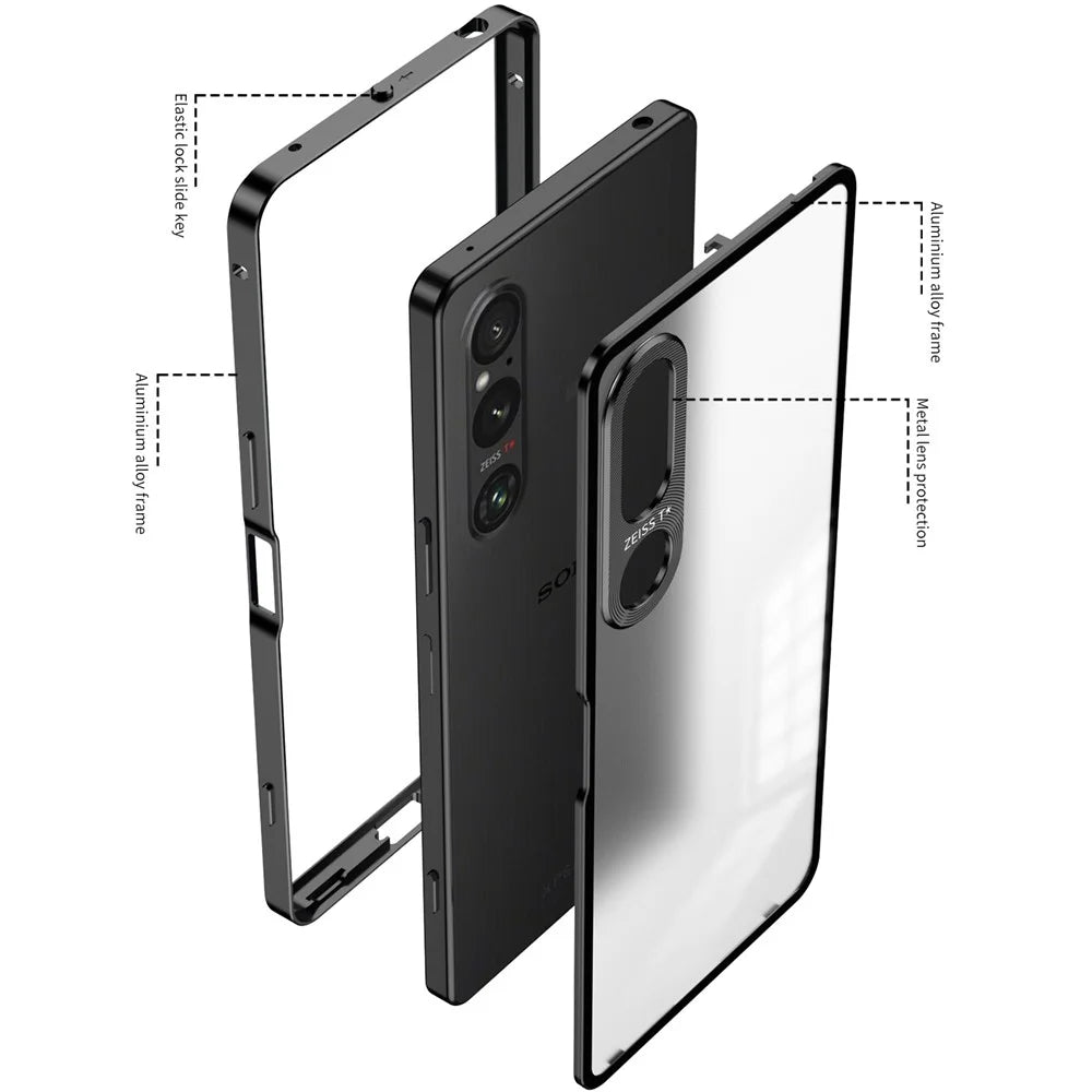 For Sony Xperia 1 V Matte Case Aluminium Alloy+PC Phone Cover with Pop-Up Snap Lock - Black - 7