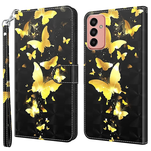 For Samsung Galaxy M13 4G PU Leather Flip Wallet Phone Case Stand Feature 3D Pattern Printing Magnetic Protection Phone Cover with Strap - Golden Butterflies - 1