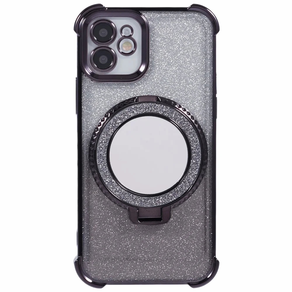 For iPhone 11 Cell Phone Case TPU Glitter Phone Cover with Kickstand and Mirror - Black - 1
