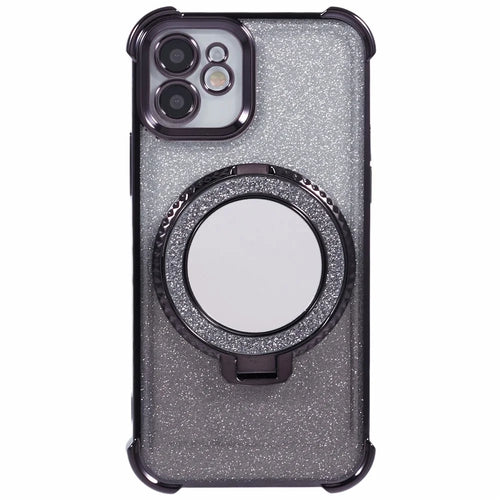 For iPhone 11 Cell Phone Case TPU Glitter Phone Cover with Kickstand and Mirror - Black - 1