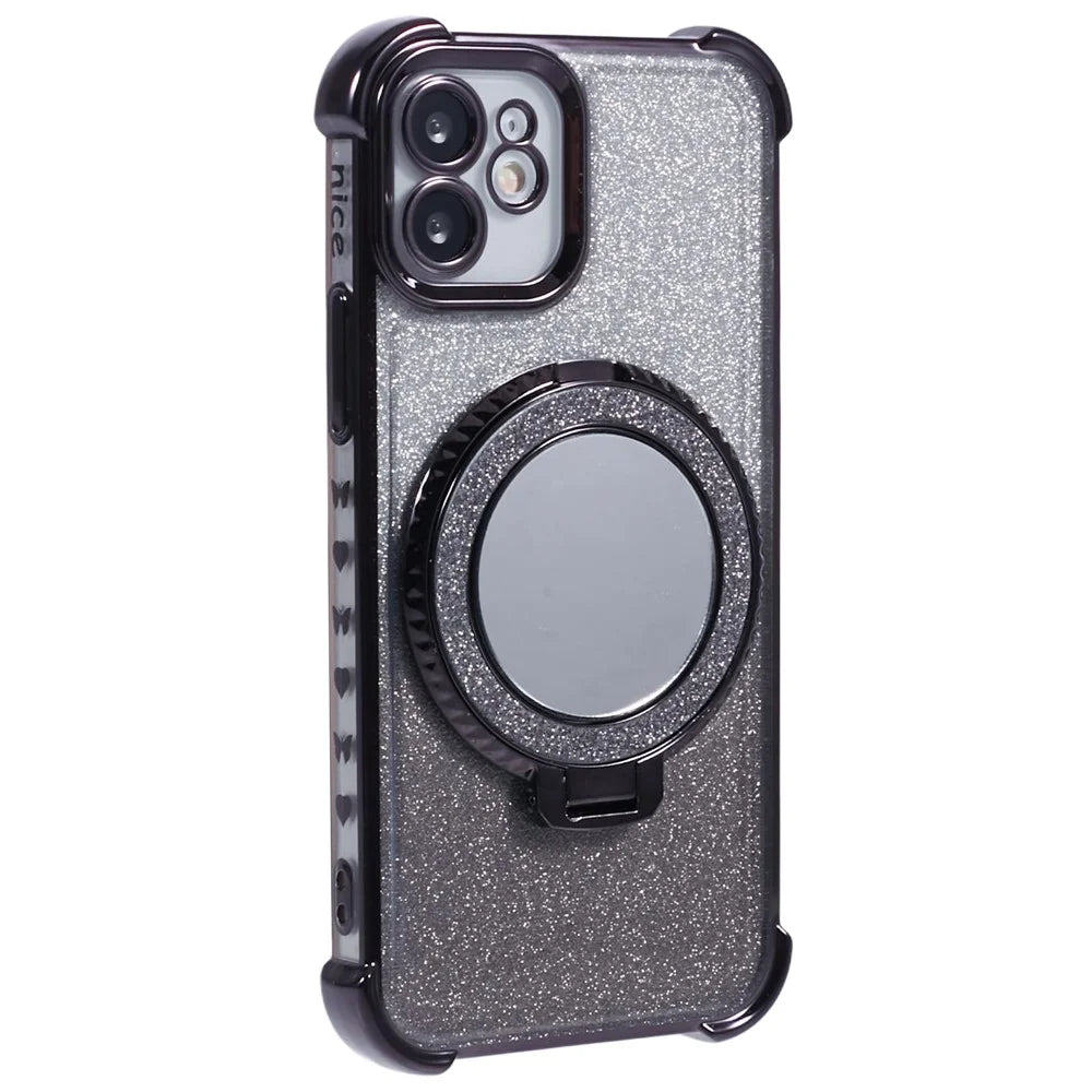 For iPhone 11 Cell Phone Case TPU Glitter Phone Cover with Kickstand and Mirror - Black - 3