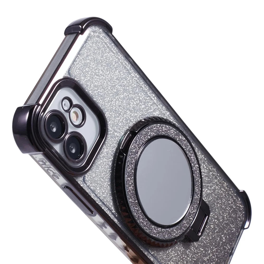 For iPhone 11 Cell Phone Case TPU Glitter Phone Cover with Kickstand and Mirror - Black - 6