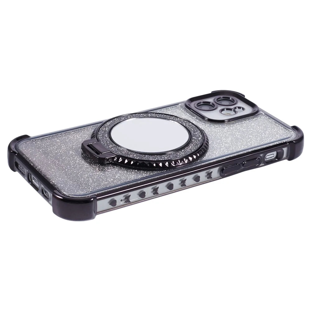For iPhone 11 Cell Phone Case TPU Glitter Phone Cover with Kickstand and Mirror - Black - 7