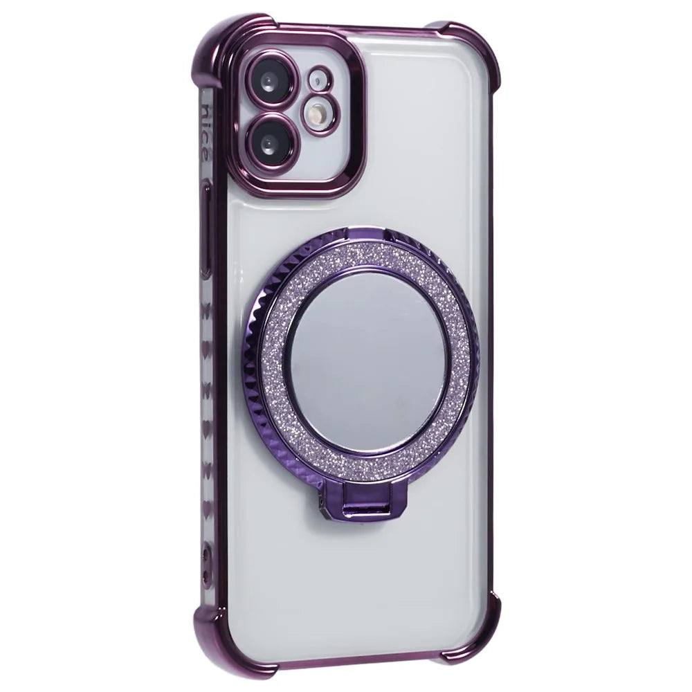For iPhone 11 Anti-Scratch Phone Case TPU Glitter Phone Cover with Kickstand and Mirror - Dark Purple - 3