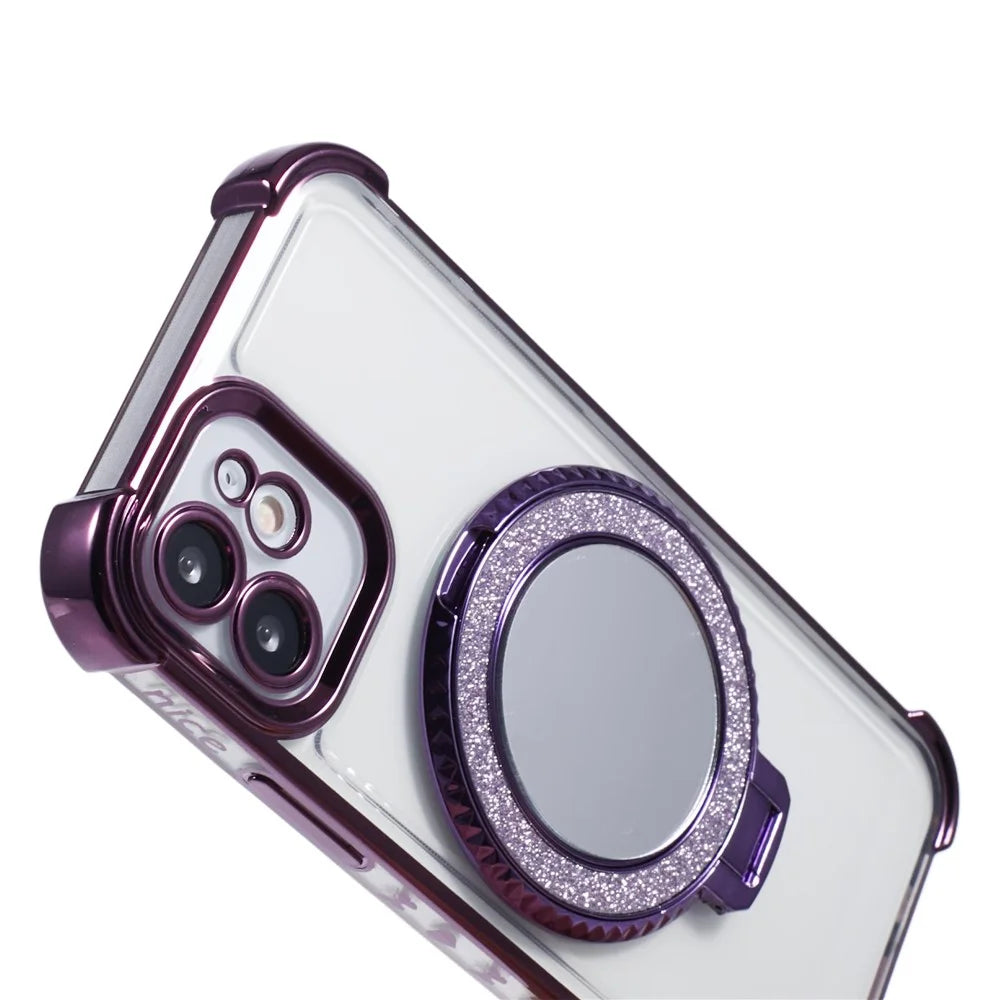 For iPhone 11 Anti-Scratch Phone Case TPU Glitter Phone Cover with Kickstand and Mirror - Dark Purple - 6