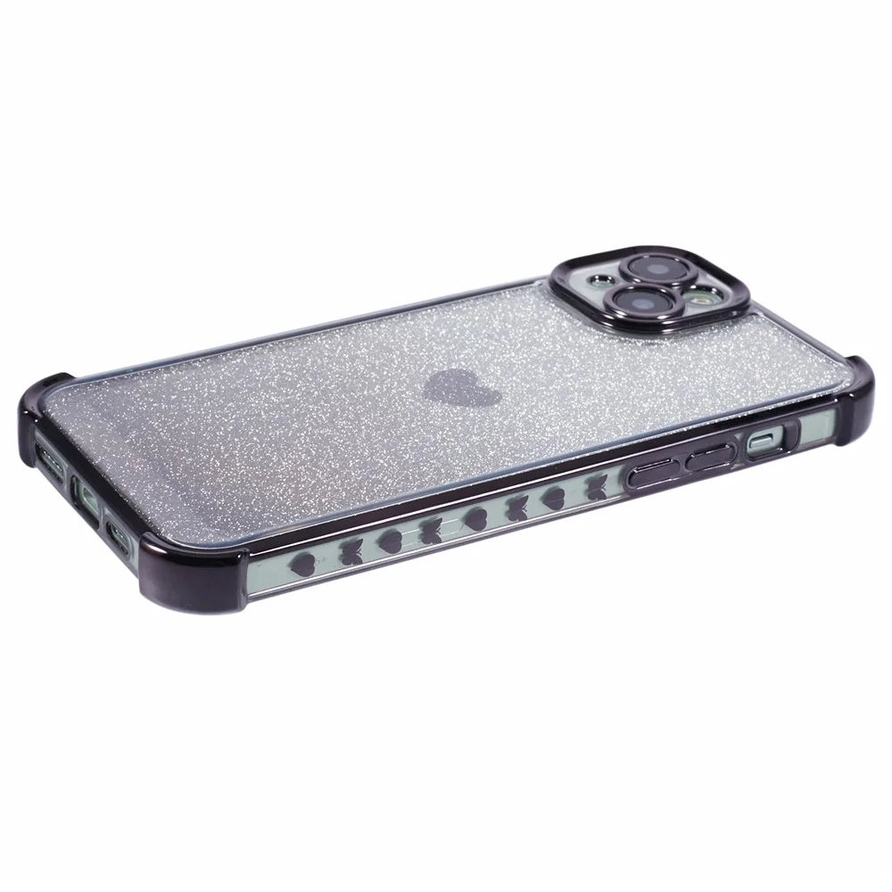 Phone Case for iPhone 15 Drop Protection Heart Pattern TPU Glittery Powder Phone Cover - Black - 5