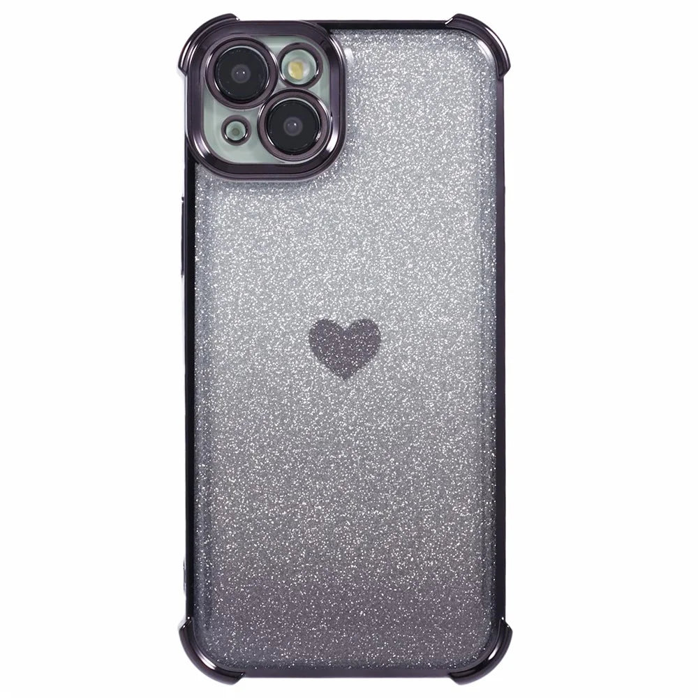 For iPhone 14 Drop Protection Phone Case Heart Pattern TPU Glittery Powder Phone Cover - Black - 1