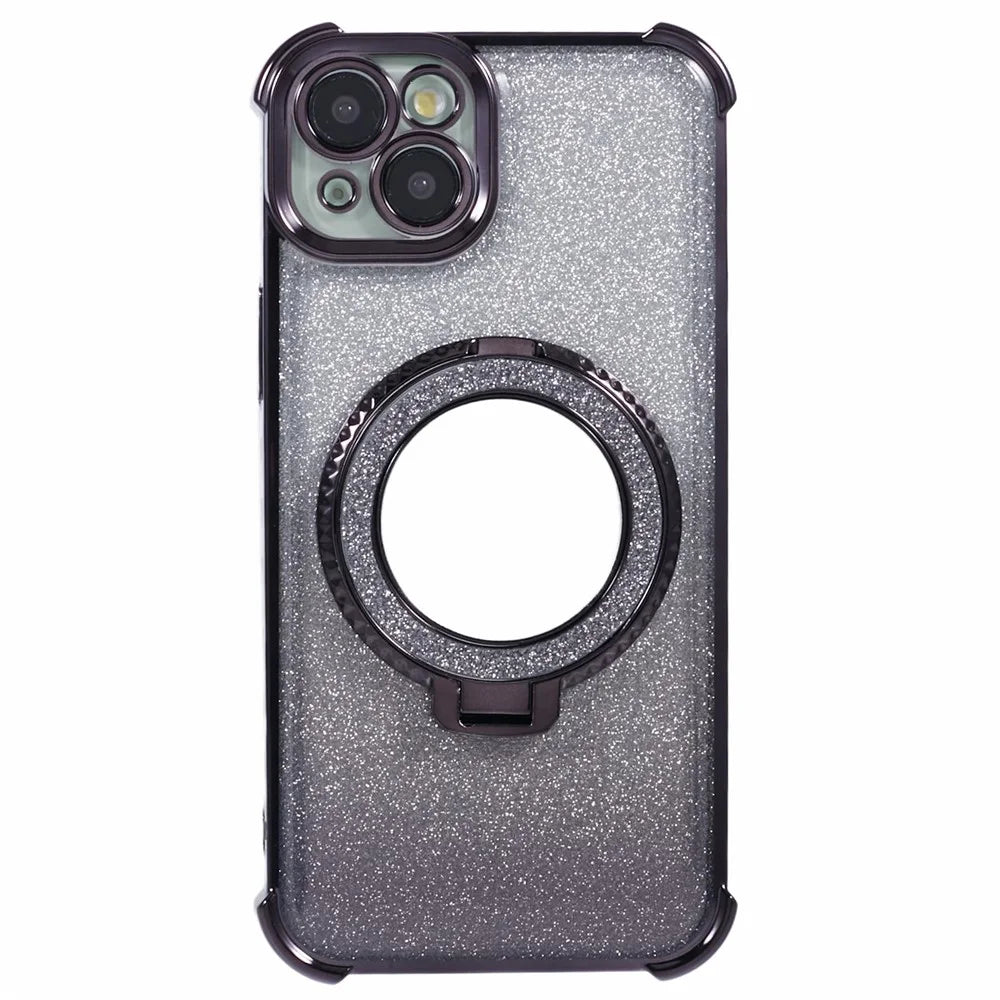For iPhone 13 Case Ring Kickstand Electroplating Glitter TPU Phone Cover with Mirror - Black - 1