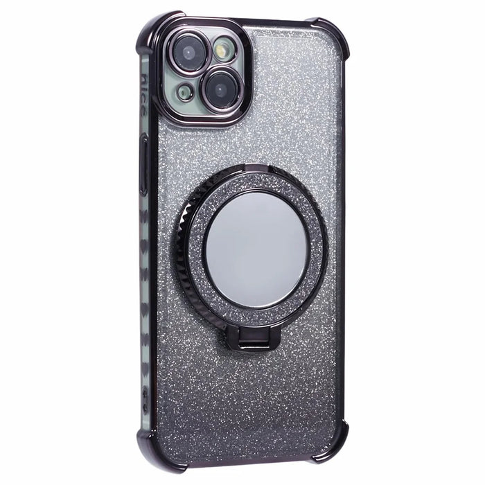 For iPhone 13 Case Ring Kickstand Electroplating Glitter TPU Phone Cover with Mirror - Black - 3