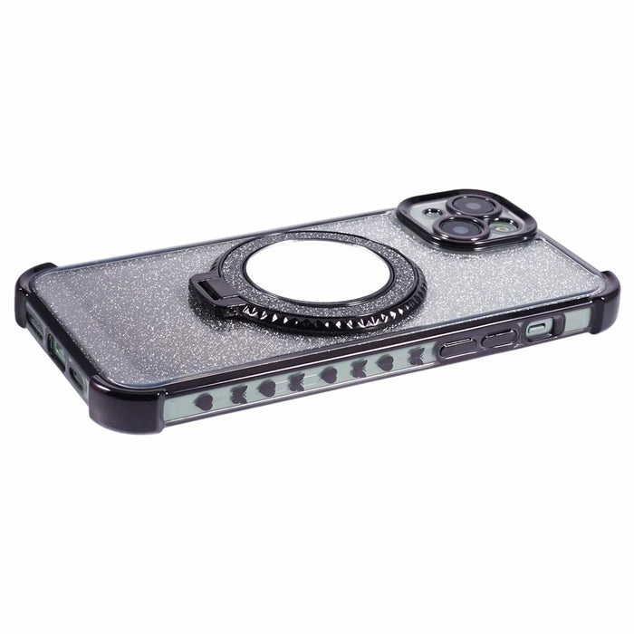 For iPhone 13 Case Ring Kickstand Electroplating Glitter TPU Phone Cover with Mirror - Black - 6