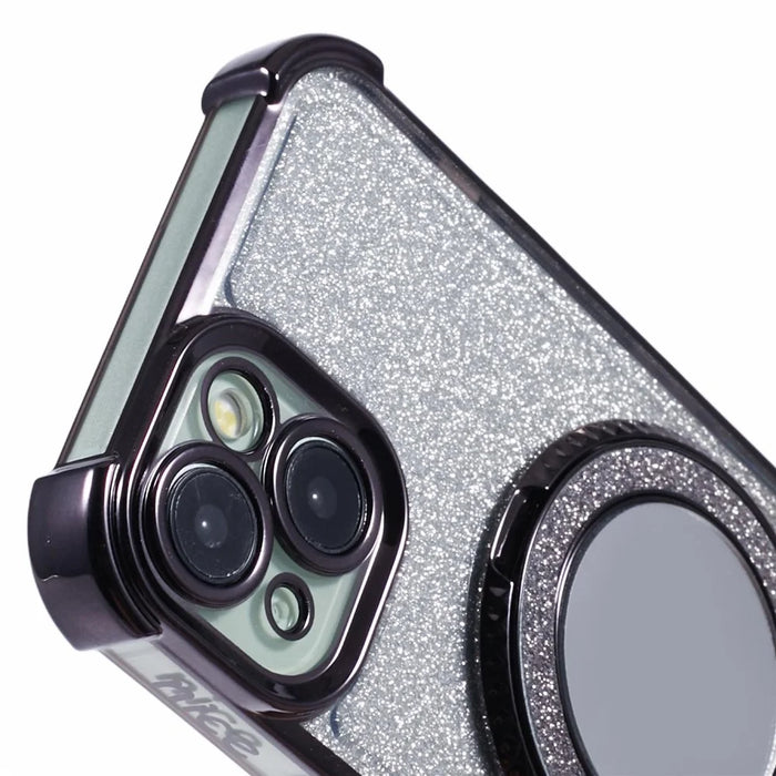 For iPhone 13 Case Ring Kickstand Electroplating Glitter TPU Phone Cover with Mirror - Black - 7