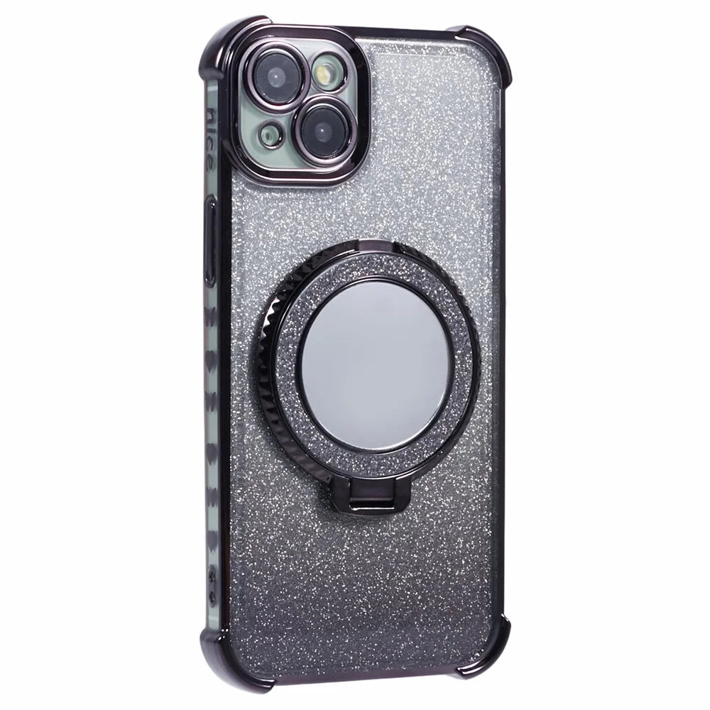 For iPhone 14 Case Heart Pattern Edge Glitter TPU Phone Kickstand Cover with Round Mirror - Black - 3