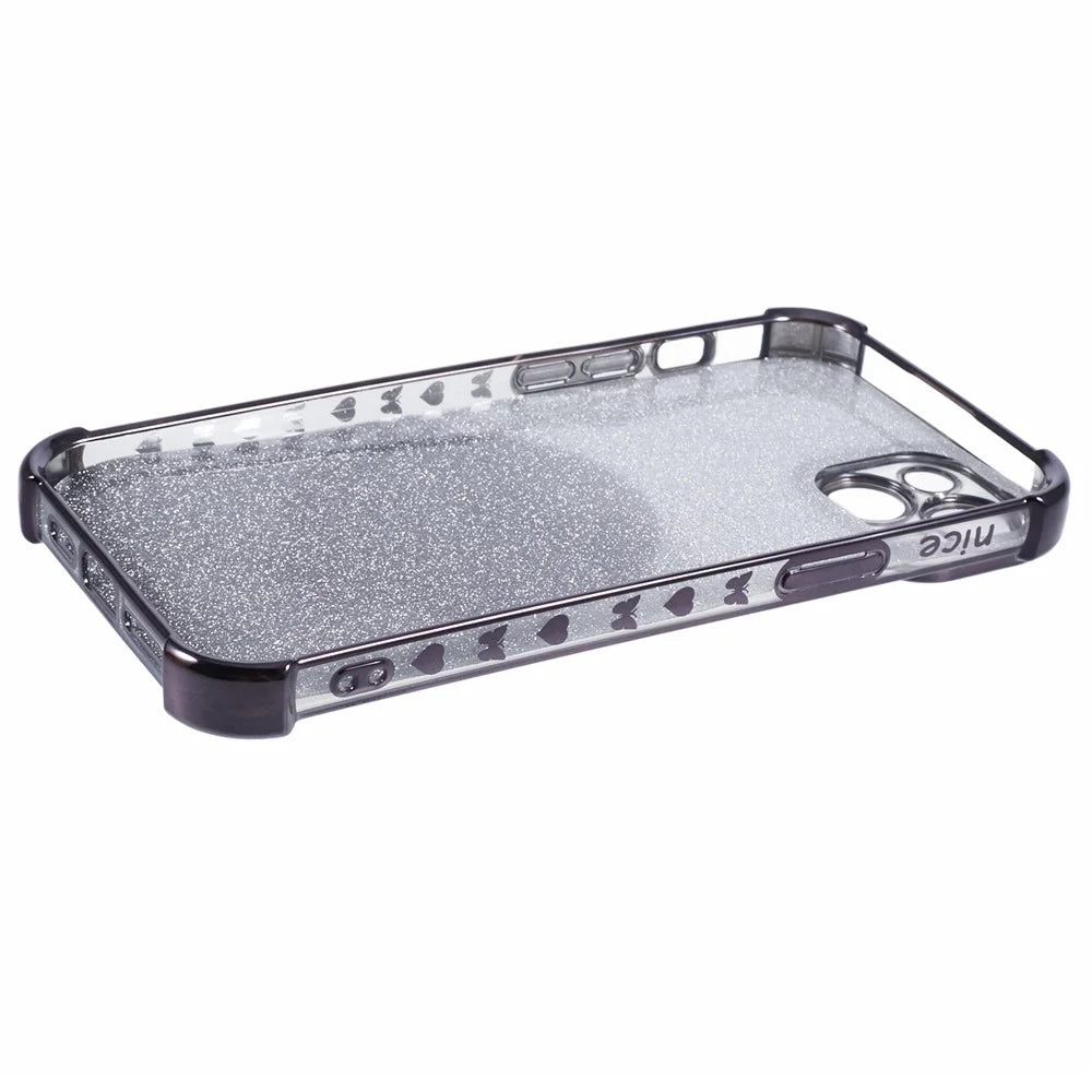 For iPhone 14 Case Heart Pattern Edge Glitter TPU Phone Kickstand Cover with Round Mirror - Black - 5