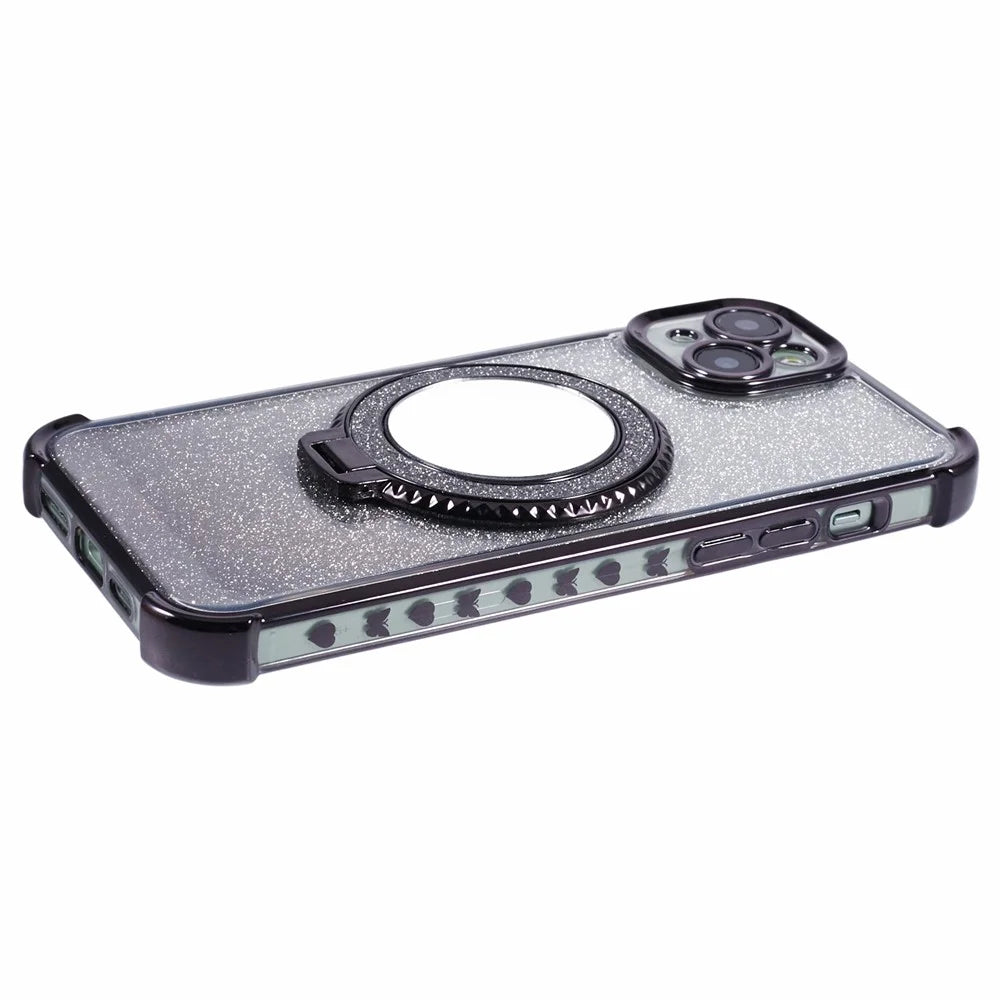 For iPhone 14 Case Heart Pattern Edge Glitter TPU Phone Kickstand Cover with Round Mirror - Black - 6