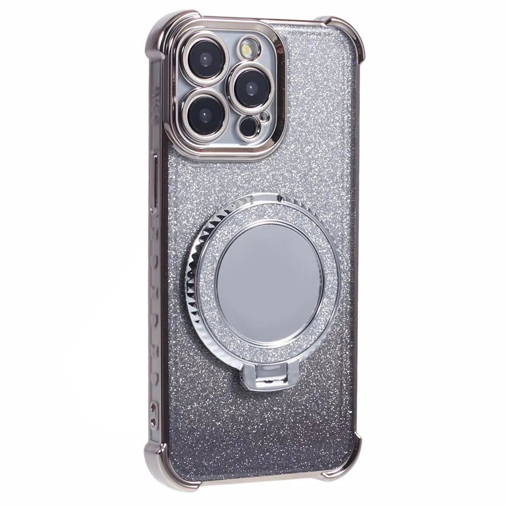 For iPhone 14 Pro Max Case Heart Pattern Edge Glitter TPU Phone Cover with Kickstand and Mirror - Grey - 3