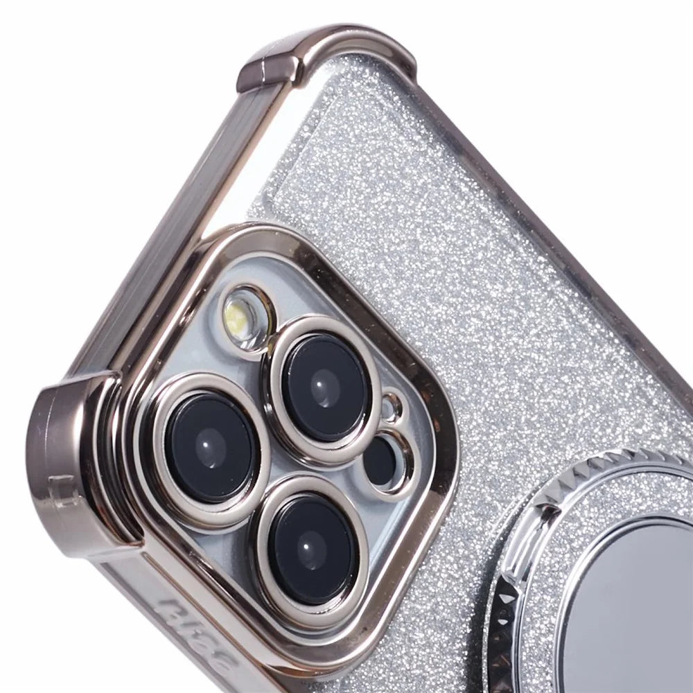 For iPhone 14 Pro Max Case Heart Pattern Edge Glitter TPU Phone Cover with Kickstand and Mirror - Grey - 6
