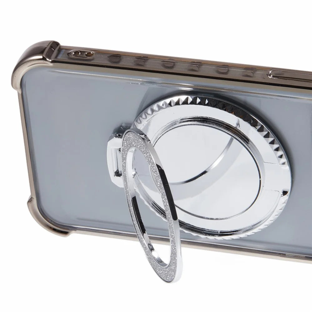 For iPhone 14 Pro Max Case Heart Pattern Edge Glitter TPU Phone Cover with Kickstand and Mirror - Grey - 7