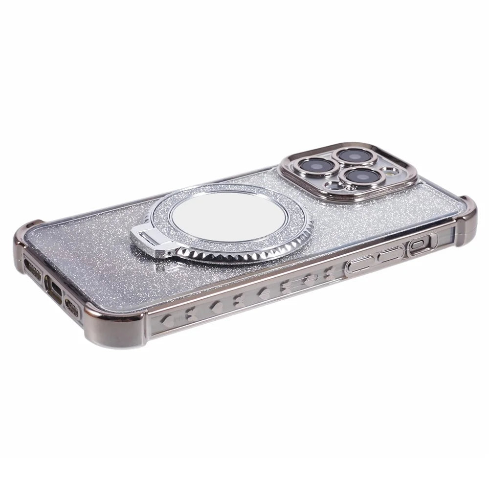 For iPhone 13 Pro Max Case Glitter Gradient Ring Kickstand TPU Phone Cover with Mirror - Grey - 5