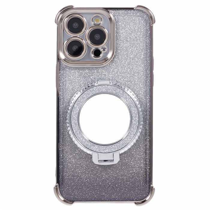 For iPhone 13 Pro Kickstand Case Heart Pattern Edge Glitter TPU Phone Cover with Mirror - Grey - 1