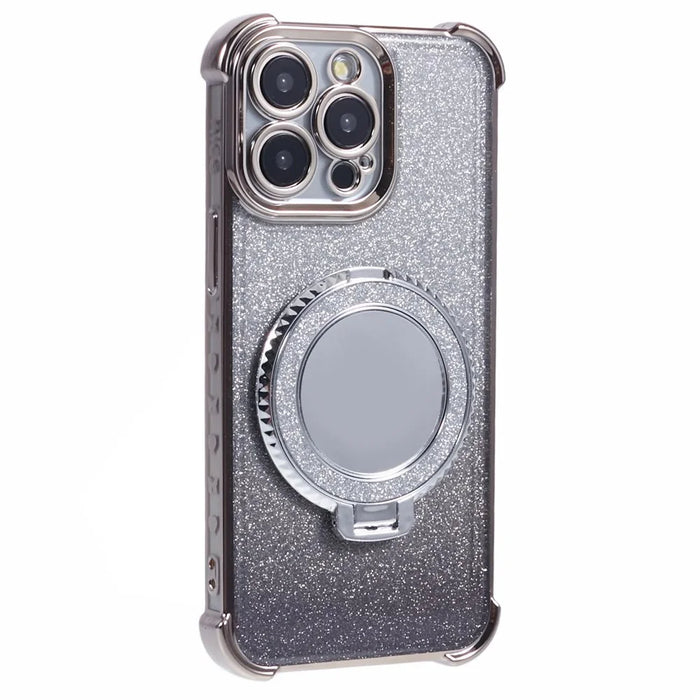 For iPhone 13 Pro Kickstand Case Heart Pattern Edge Glitter TPU Phone Cover with Mirror - Grey - 3