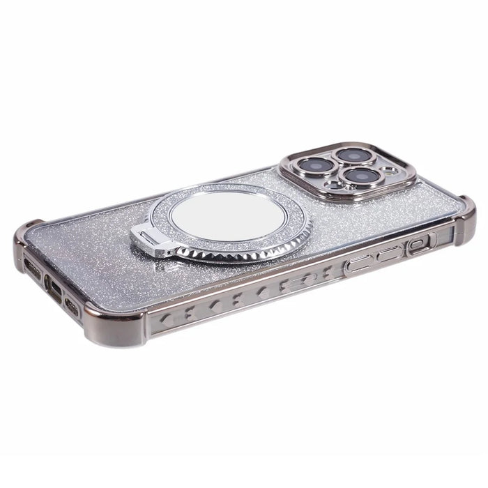For iPhone 13 Pro Kickstand Case Heart Pattern Edge Glitter TPU Phone Cover with Mirror - Grey - 5