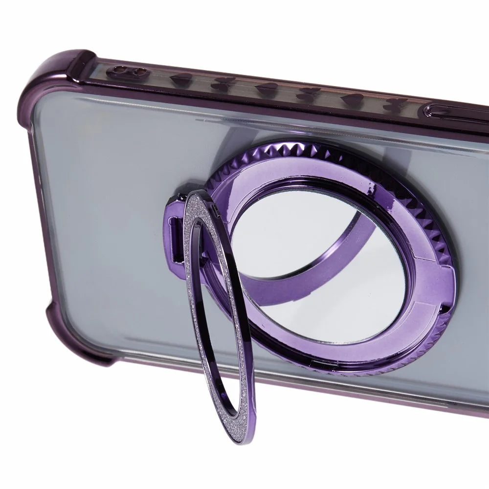 For iPhone 14 Pro Max Side Heart Pattern Case Kickstand TPU Phone Cover with Mirror - Dark Purple - 7