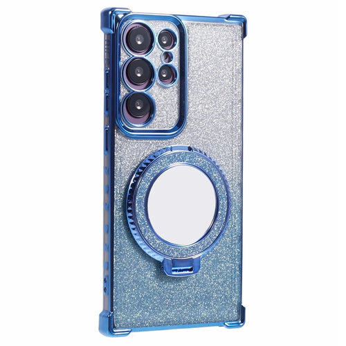 For Samsung Galaxy S22 Ultra 5G Case TPU Glitter Phone Cover with Kickstand and Mirror - Blue - 1