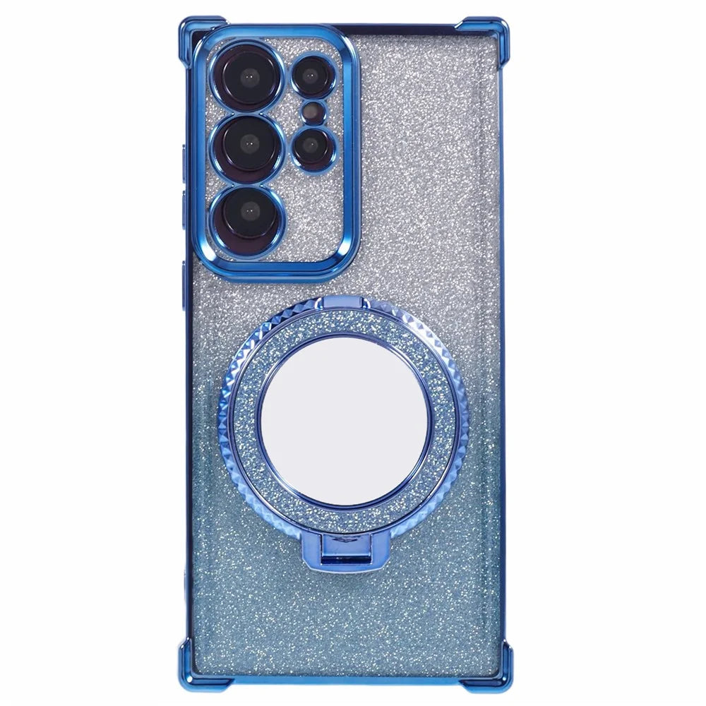 For Samsung Galaxy S22 Ultra 5G Case TPU Glitter Phone Cover with Kickstand and Mirror - Blue - 2