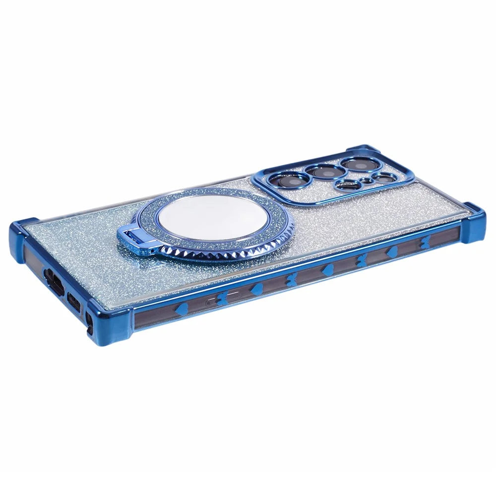 For Samsung Galaxy S22 Ultra 5G Case TPU Glitter Phone Cover with Kickstand and Mirror - Blue - 6