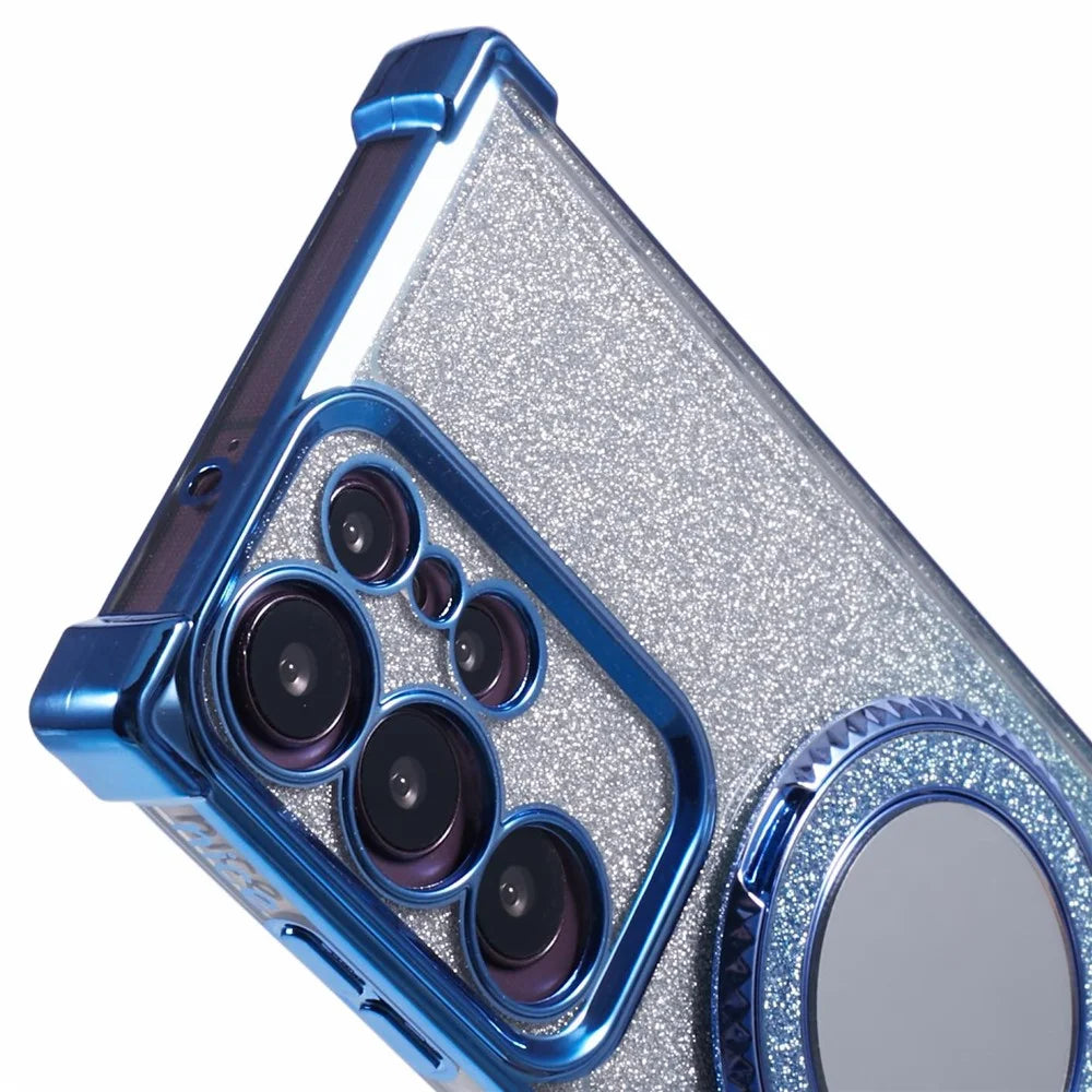 For Samsung Galaxy S22 Ultra 5G Case TPU Glitter Phone Cover with Kickstand and Mirror - Blue - 7